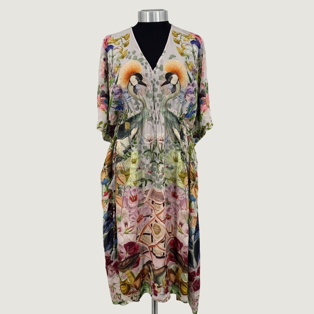 Carolina K Crane Womens XS Floral Print Kaftan Dress V-Neck Drawstring Luxury